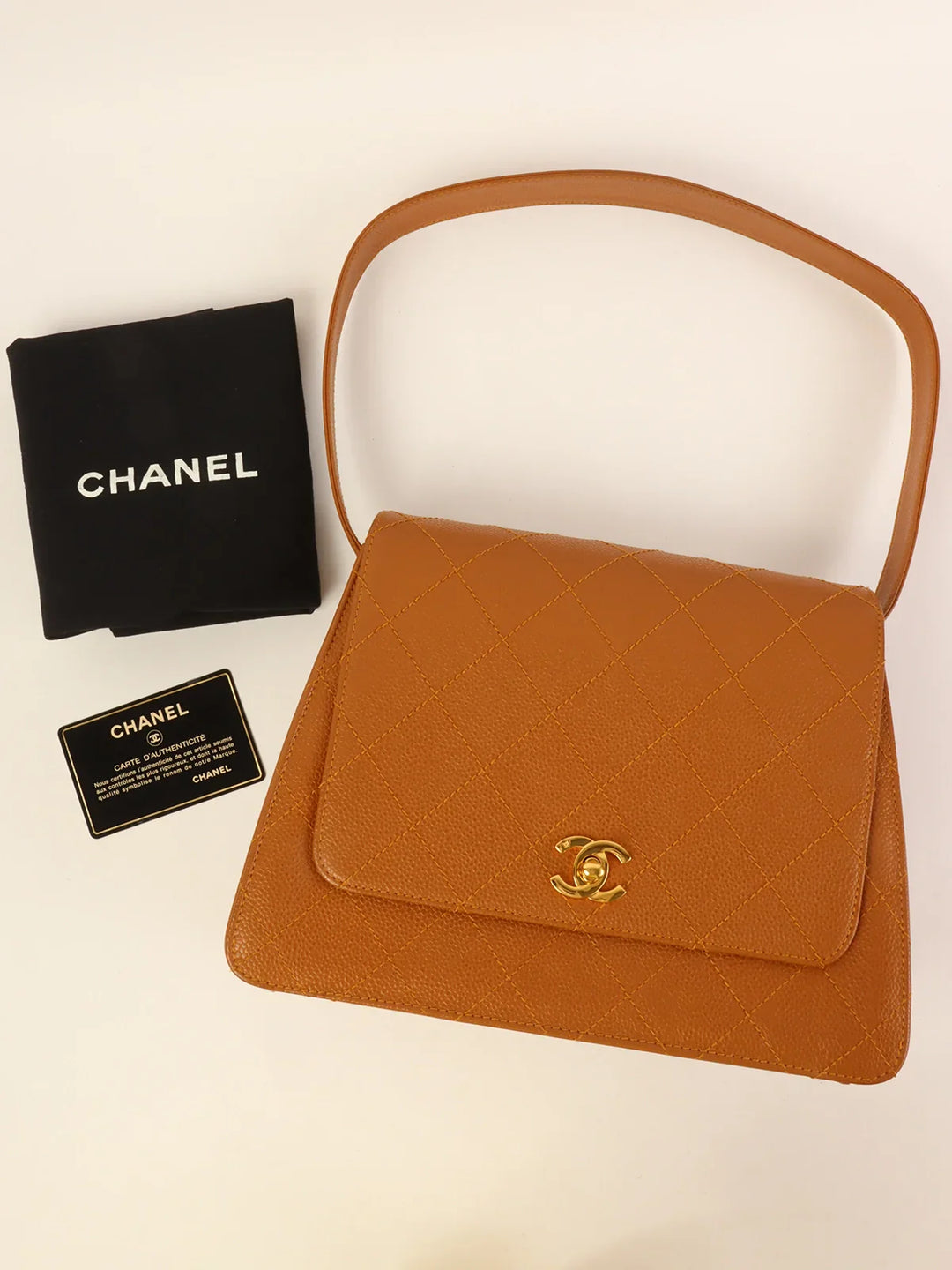 Chanel Around 1998 Made Caviar Skin Turn-Lock Shoulder Bag Camel