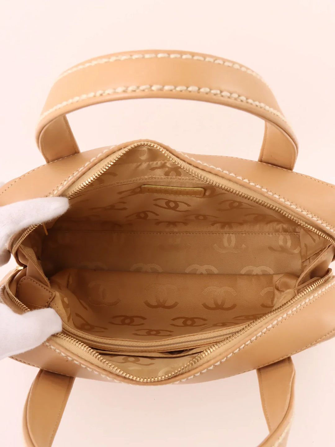 Chanel Around 2003 Made Wild Stitch Cc Mark Plate Top Handle Bag Beige