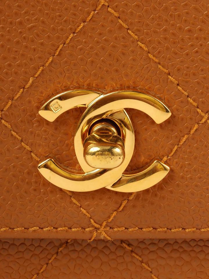 Chanel Around 1998 Made Caviar Skin Turn-Lock Shoulder Bag Camel