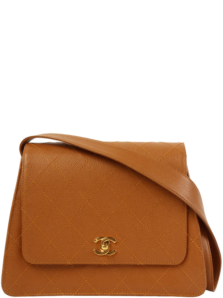 Chanel Around 1998 Made Caviar Skin Turn-Lock Shoulder Bag Camel