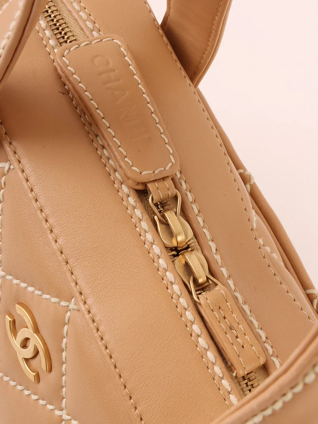 Chanel Around 2003 Made Wild Stitch Cc Mark Plate Top Handle Bag Beige