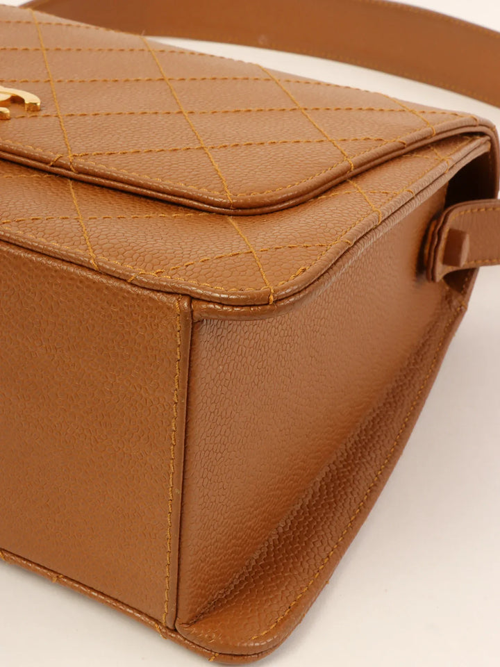 Chanel Around 1998 Made Caviar Skin Turn-Lock Shoulder Bag Camel