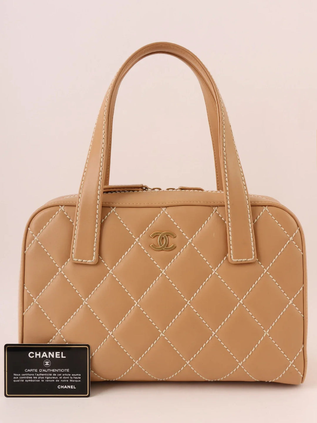 Chanel Around 2003 Made Wild Stitch Cc Mark Plate Top Handle Bag Beige