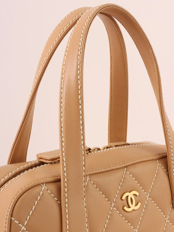 Chanel Around 2003 Made Wild Stitch Cc Mark Plate Top Handle Bag Beige