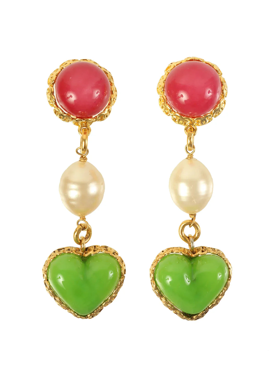 Chanel 1993 Made Heart Stone Swing Earrings Gold/Green/Pink