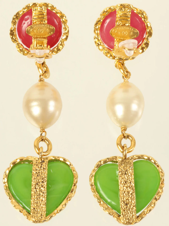 Chanel 1993 Made Heart Stone Swing Earrings Gold/Green/Pink