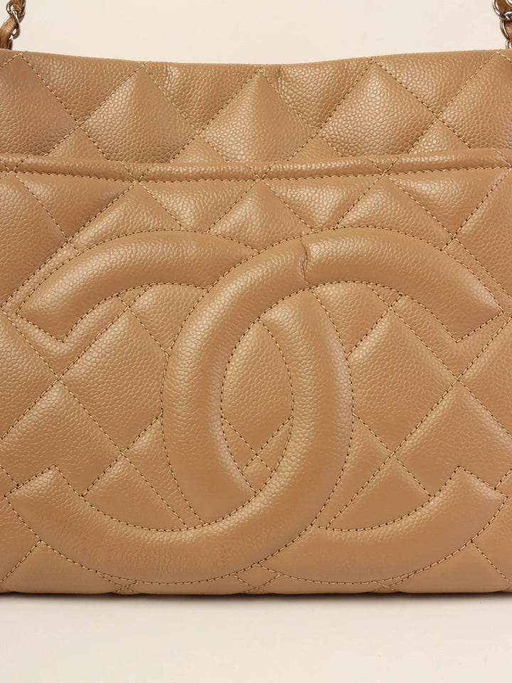 Chanel Around 2014 Made Caviar Skin Cc Mark Stitch Chain Tote Bag Beige