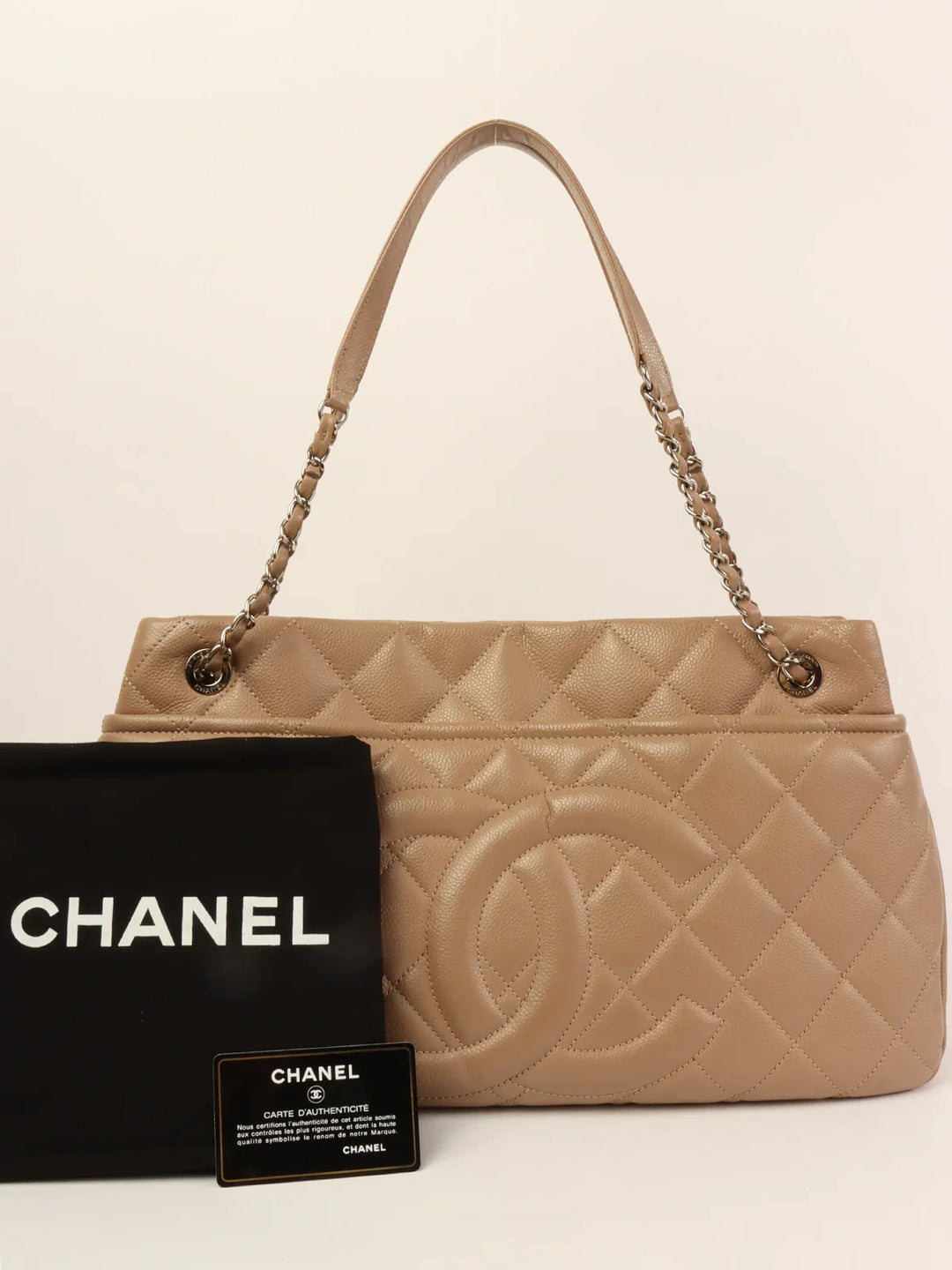 Chanel Around 2014 Made Caviar Skin Cc Mark Stitch Chain Tote Bag Beige