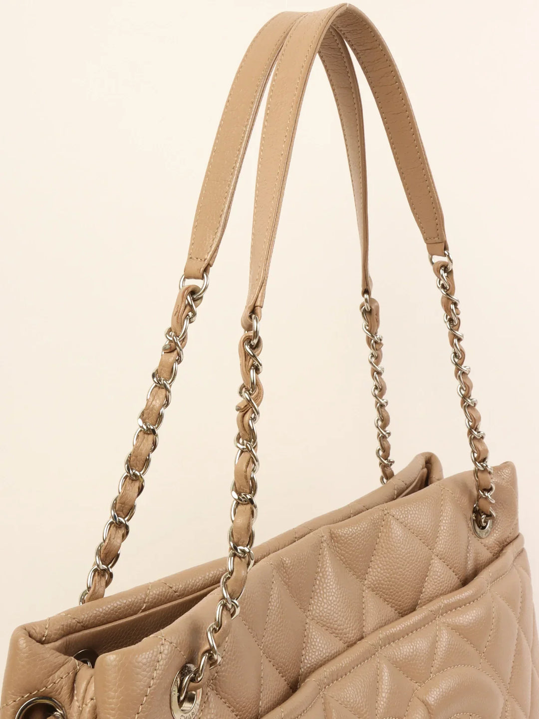 Chanel Around 2014 Made Caviar Skin Cc Mark Stitch Chain Tote Bag Beige