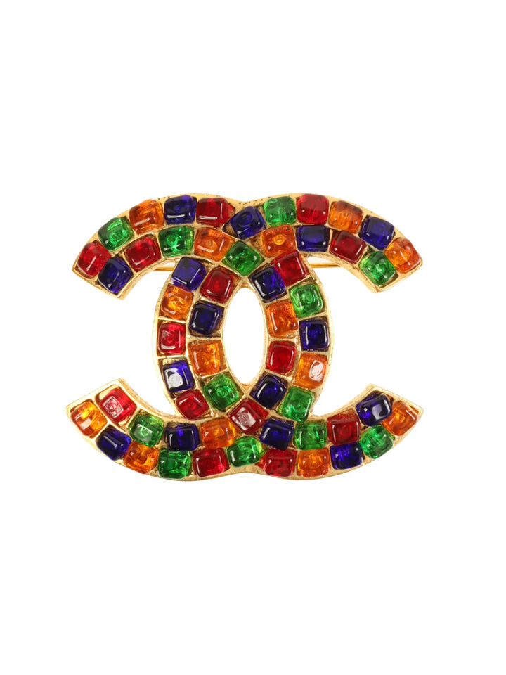 Chanel 1995 Made Gripoix Stone Cc Mark Brooch Gold/Multi