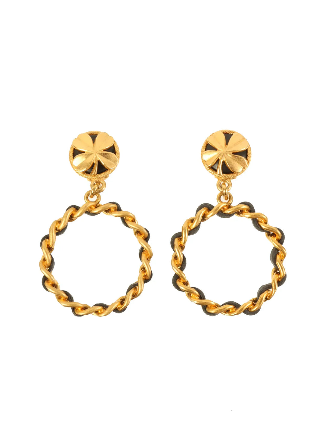 Chanel 1994 Made Round Clover Hoop Swing Earrings Gold/Black