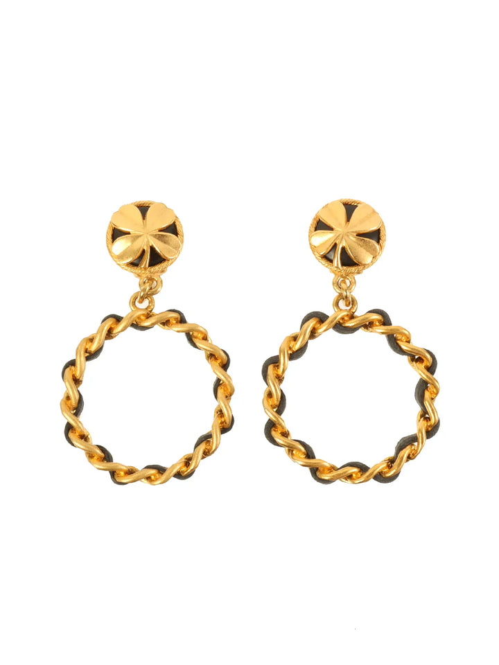 Chanel 1994 Made Round Clover Hoop Swing Earrings Gold/Black
