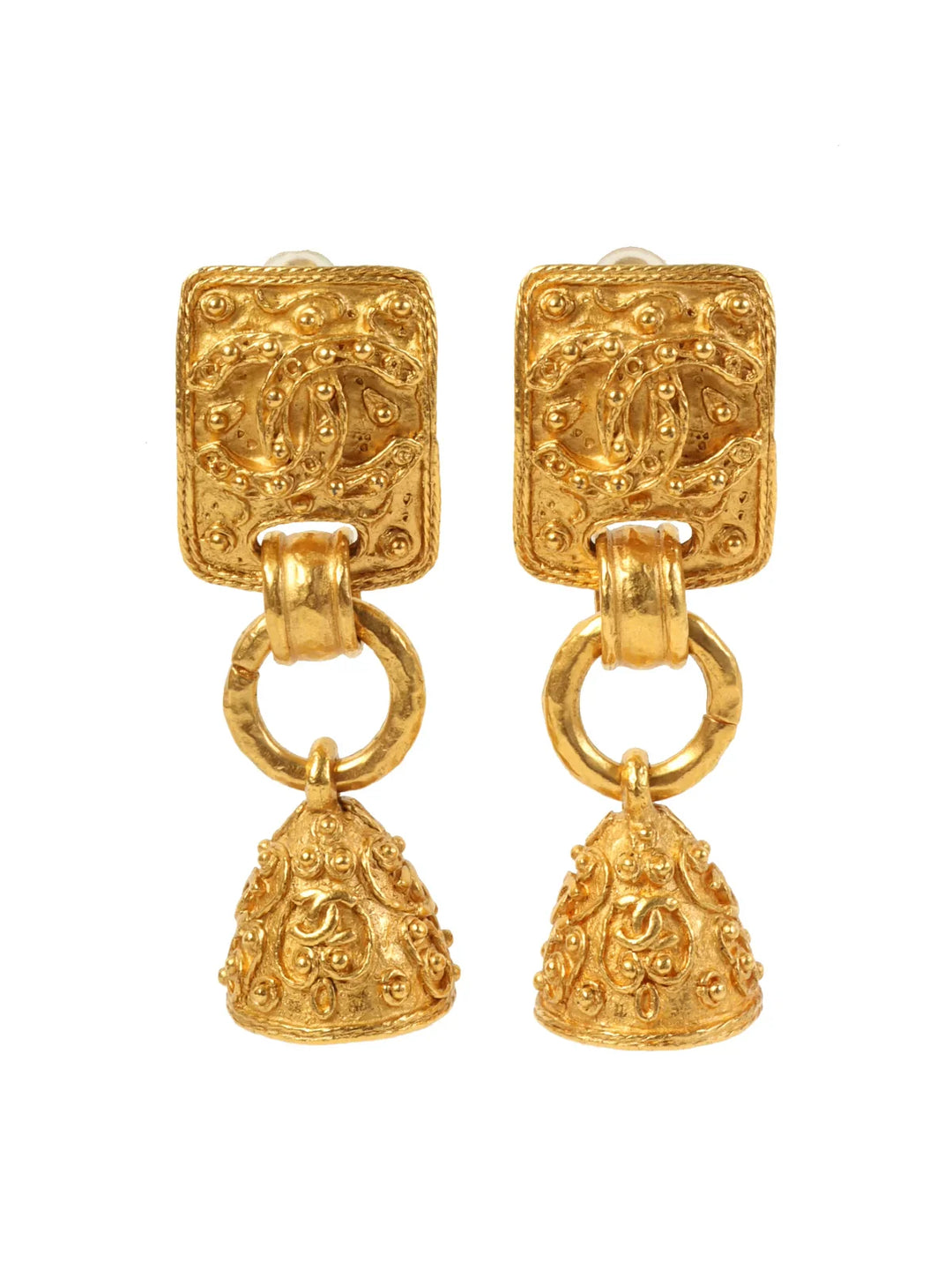 Chanel 1994 Made Square Bell Motif Dotted Cc Mark Swing Earrings Gold