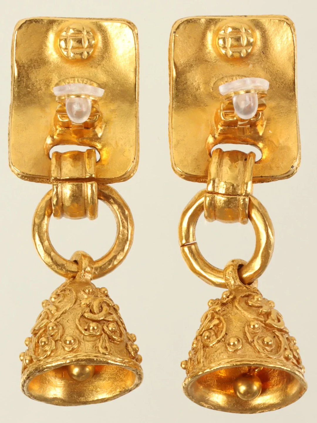Chanel 1994 Made Square Bell Motif Dotted Cc Mark Swing Earrings Gold