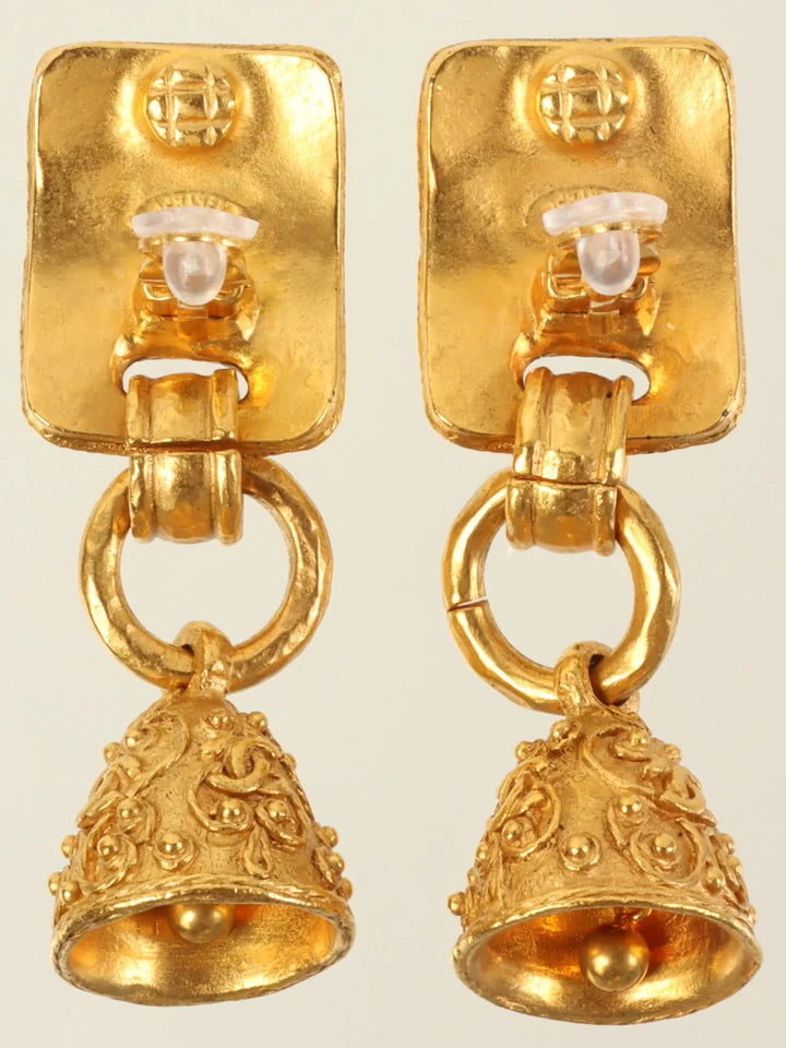 Chanel 1994 Made Square Bell Motif Dotted Cc Mark Swing Earrings Gold