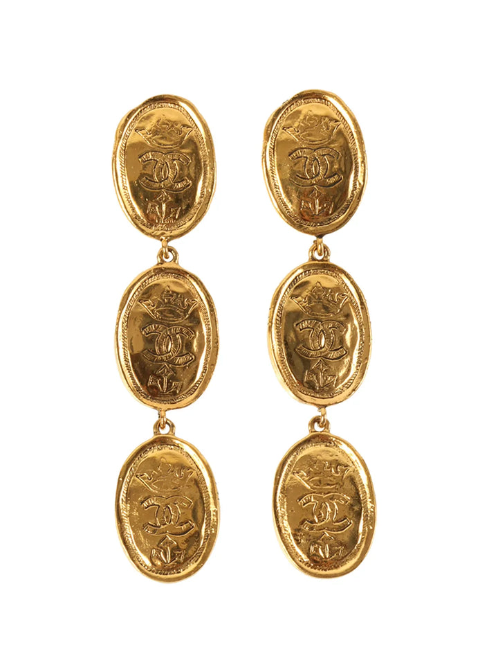 Chanel 1991 Made Oval Cc Mark Crown Swing Earrings Gold