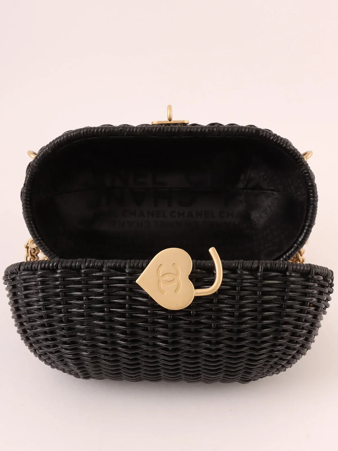 Chanel Around 2004 Made Straw Heart Cc Mark Plate 2Way Bag Black