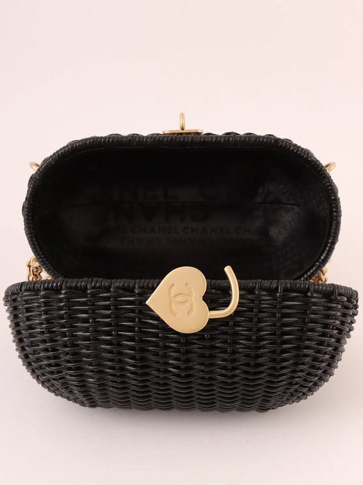 Chanel Around 2004 Made Straw Heart Cc Mark Plate 2Way Bag Black