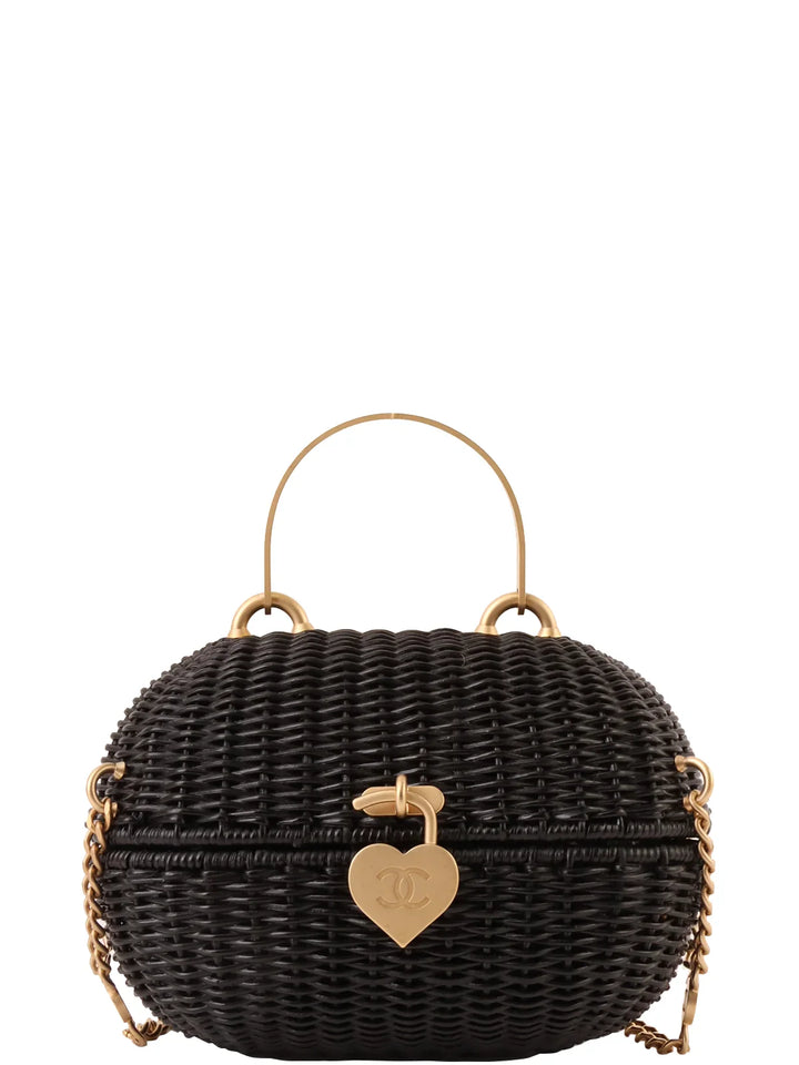 Chanel Around 2004 Made Straw Heart Cc Mark Plate 2Way Bag Black