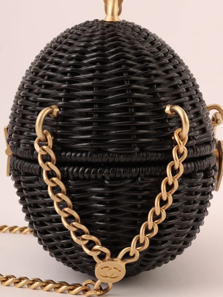 Chanel Around 2004 Made Straw Heart Cc Mark Plate 2Way Bag Black
