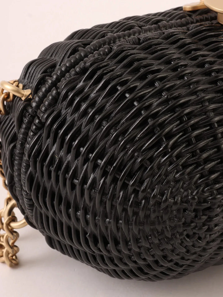 Chanel Around 2004 Made Straw Heart Cc Mark Plate 2Way Bag Black