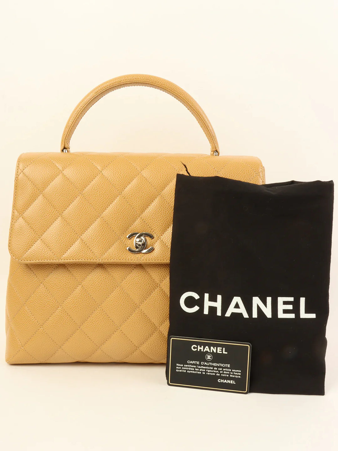 Chanel Around 2000 Made Caviar Skin Turn-Lock Top Handle Bag Beige
