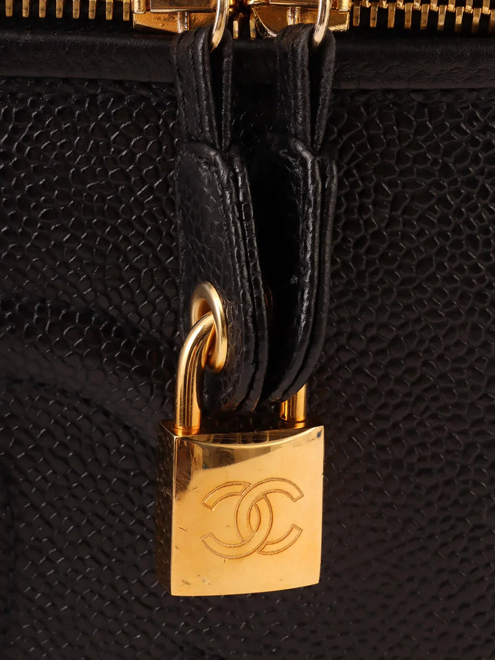 Chanel Around 1997 Made Caviar Skin Cc Mark Stitch 2Way Vanity Black