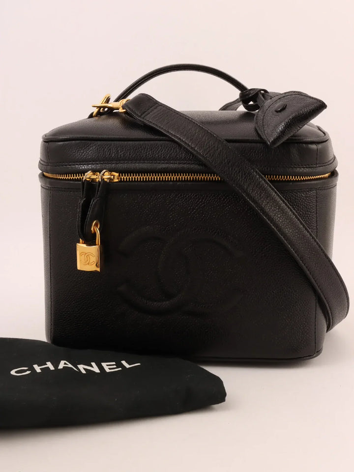 Chanel Around 1997 Made Caviar Skin Cc Mark Stitch 2Way Vanity Black
