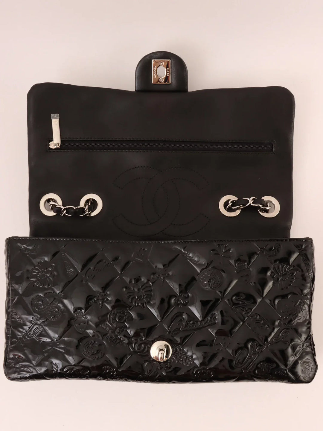 Chanel Around 2010 Made Patent Icon Embossed Turn-Lock Chain Bag Black