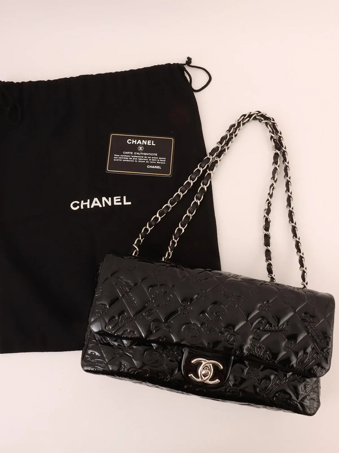 Chanel Around 2010 Made Patent Icon Embossed Turn-Lock Chain Bag Black