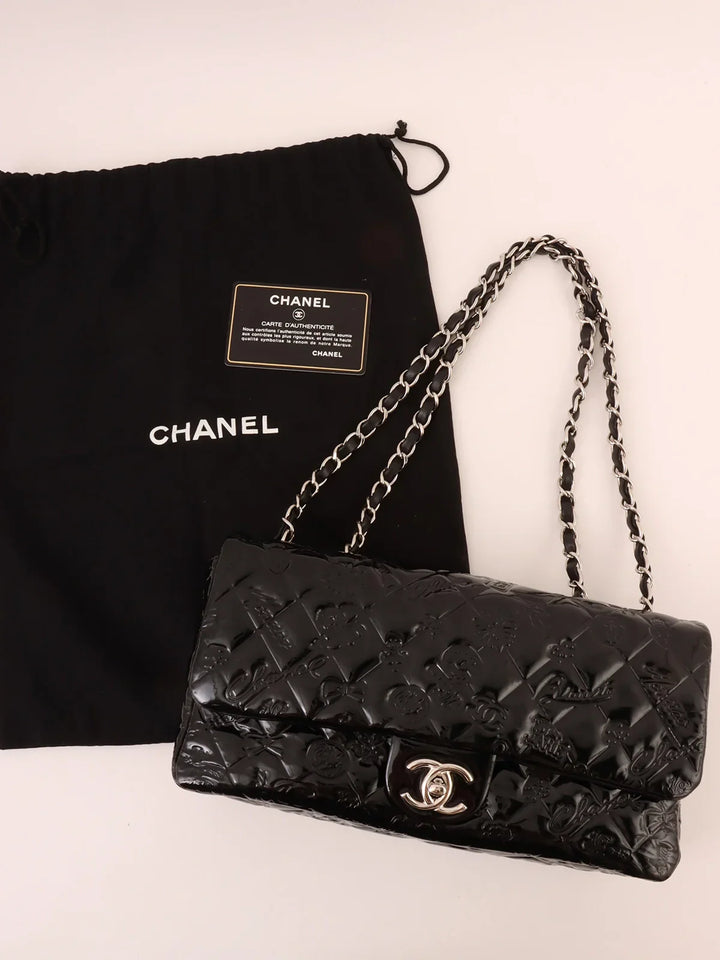 Chanel Around 2010 Made Patent Icon Embossed Turn-Lock Chain Bag Black
