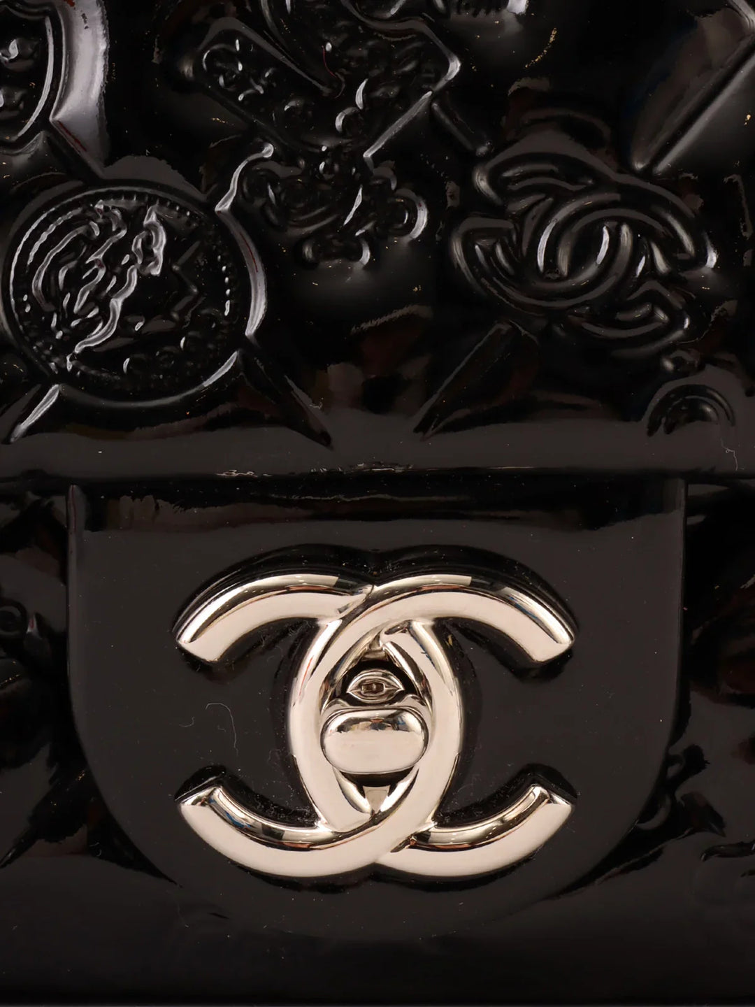 Chanel Around 2010 Made Patent Icon Embossed Turn-Lock Chain Bag Black