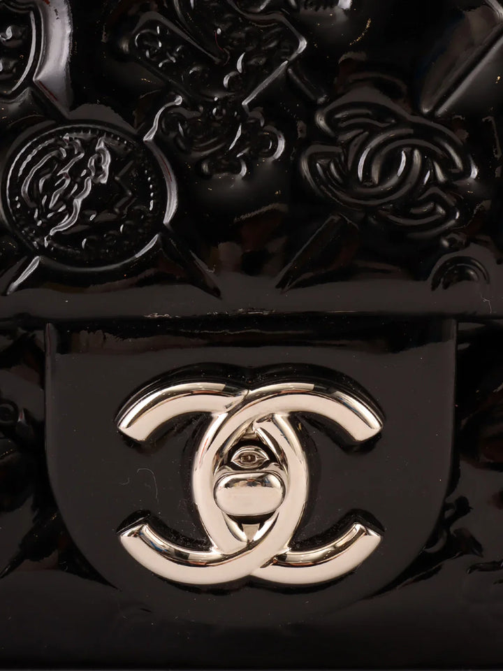 Chanel Around 2010 Made Patent Icon Embossed Turn-Lock Chain Bag Black