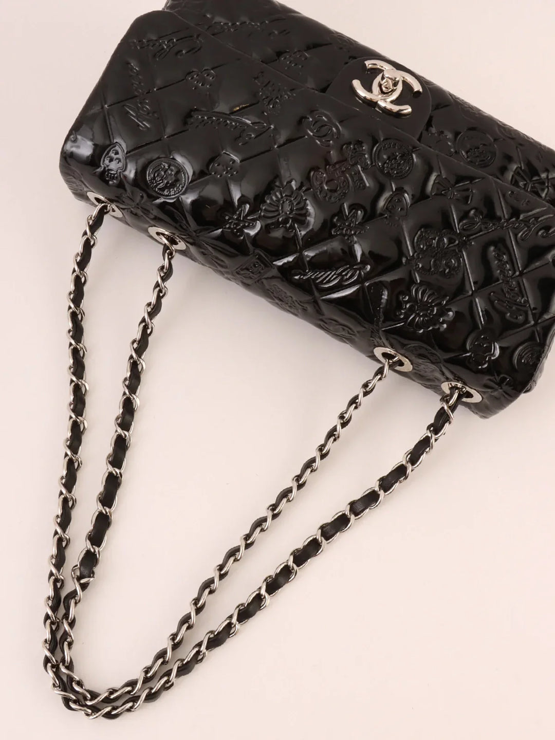 Chanel Around 2010 Made Patent Icon Embossed Turn-Lock Chain Bag Black
