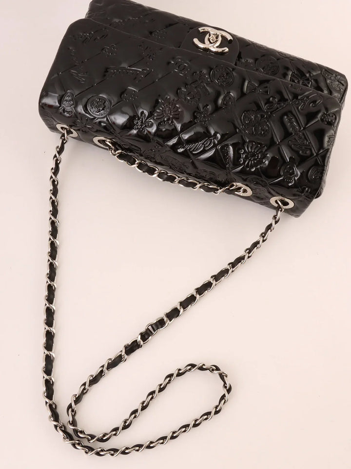 Chanel Around 2010 Made Patent Icon Embossed Turn-Lock Chain Bag Black