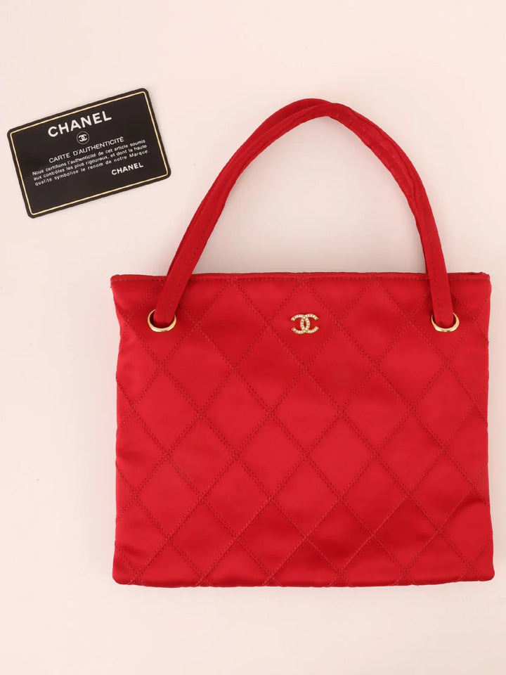 Chanel Around 1985~1990 Made Silk Satin Rhinestone Cc Mark Platetop Handle Bag Red