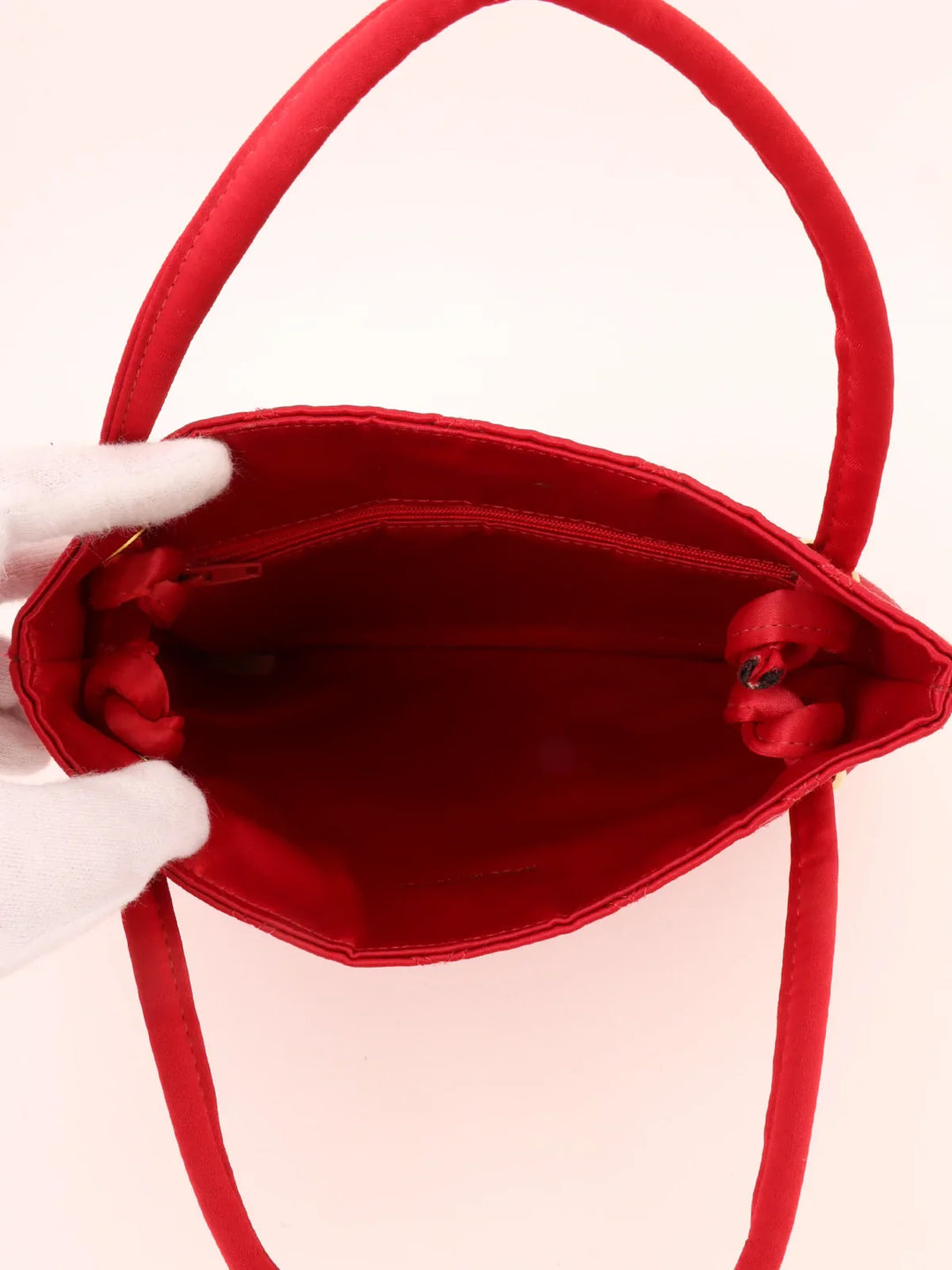 Chanel Around 1985~1990 Made Silk Satin Rhinestone Cc Mark Platetop Handle Bag Red