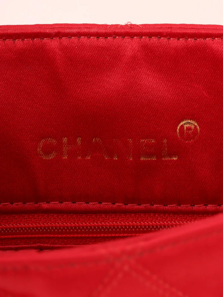 Chanel Around 1985~1990 Made Silk Satin Rhinestone Cc Mark Platetop Handle Bag Red
