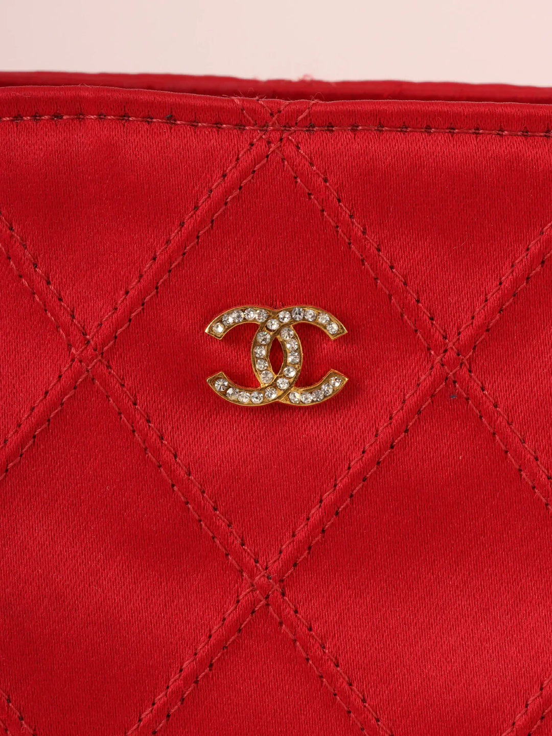 Chanel Around 1985~1990 Made Silk Satin Rhinestone Cc Mark Platetop Handle Bag Red