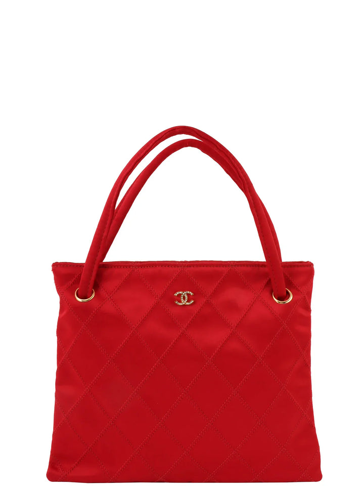 Chanel Around 1985~1990 Made Silk Satin Rhinestone Cc Mark Platetop Handle Bag Red