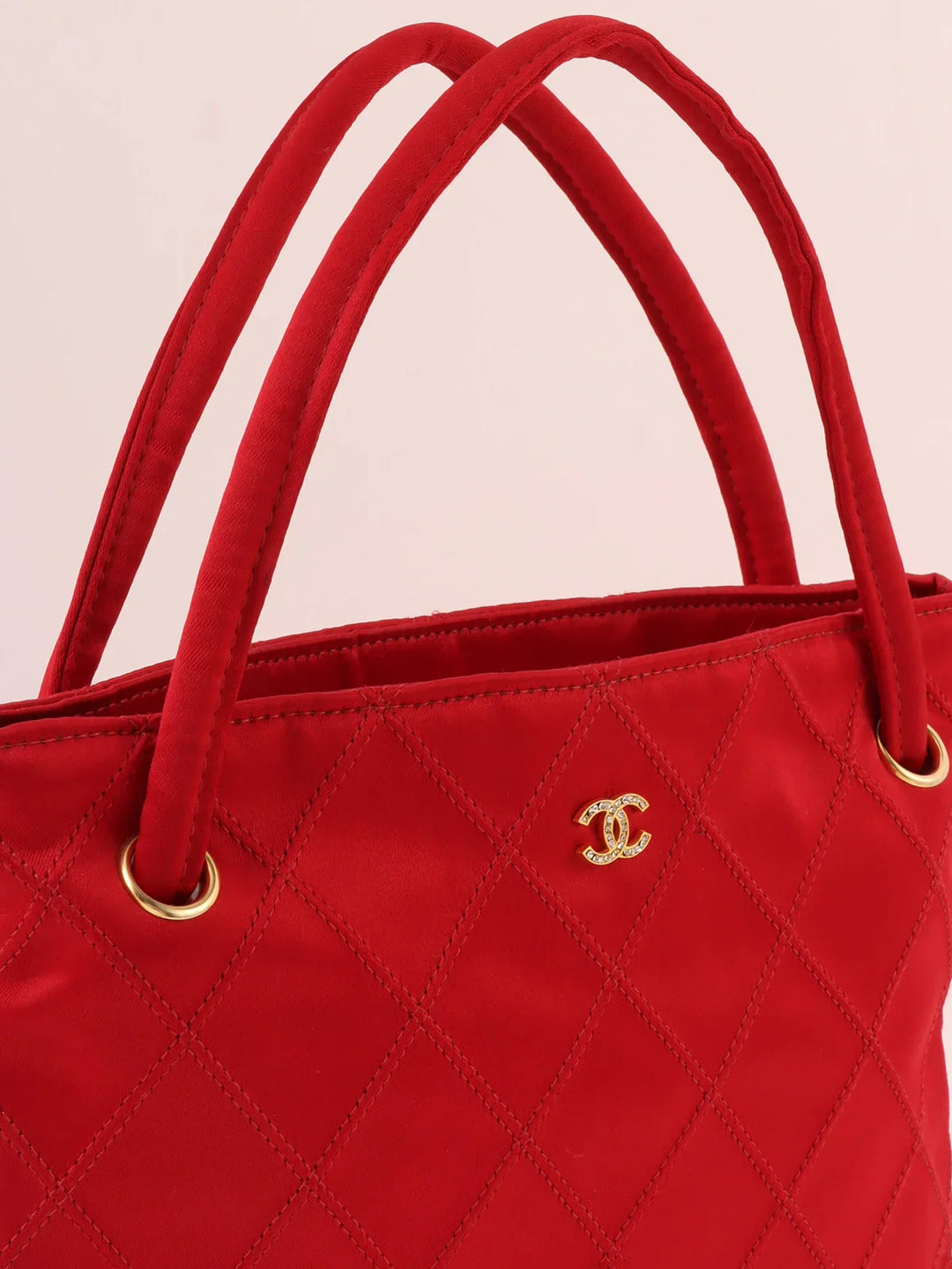 Chanel Around 1985~1990 Made Silk Satin Rhinestone Cc Mark Platetop Handle Bag Red