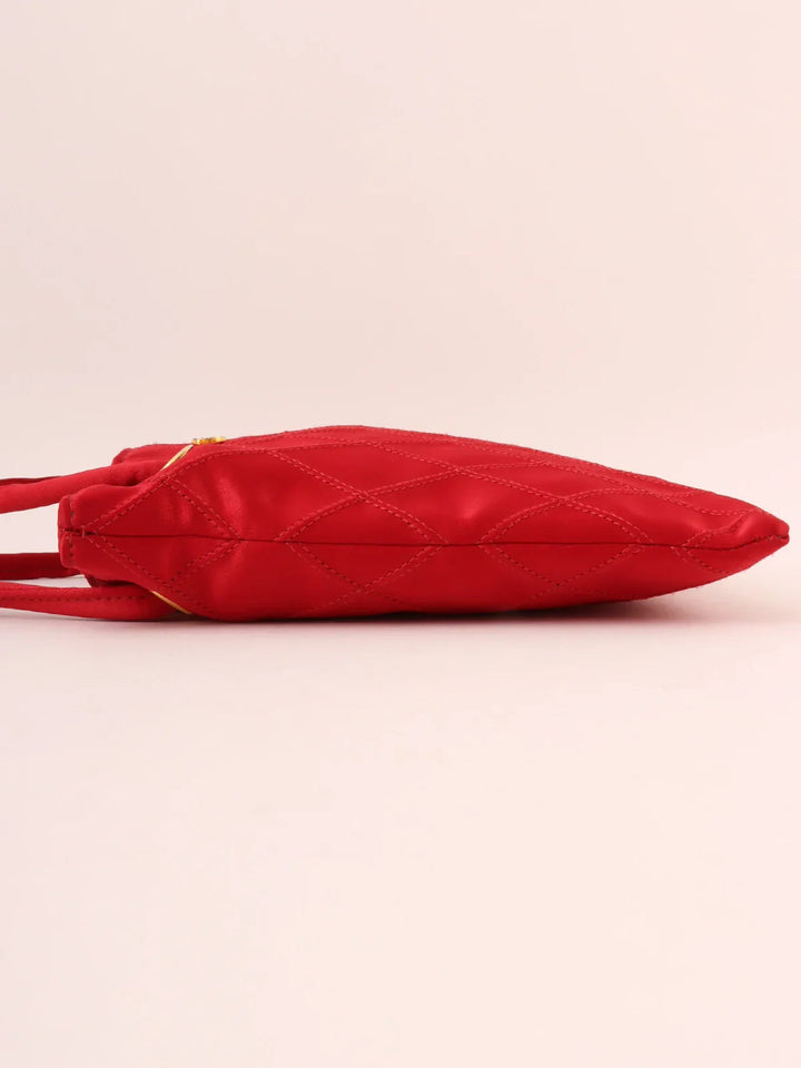 Chanel Around 1985~1990 Made Silk Satin Rhinestone Cc Mark Platetop Handle Bag Red