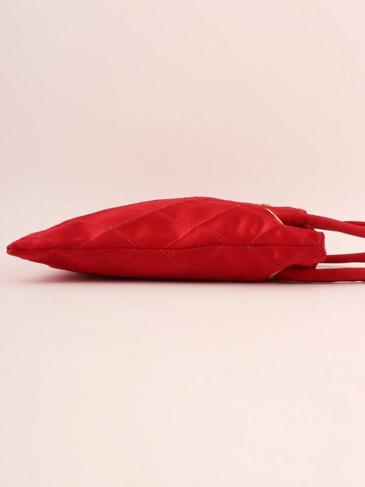 Chanel Around 1985~1990 Made Silk Satin Rhinestone Cc Mark Platetop Handle Bag Red