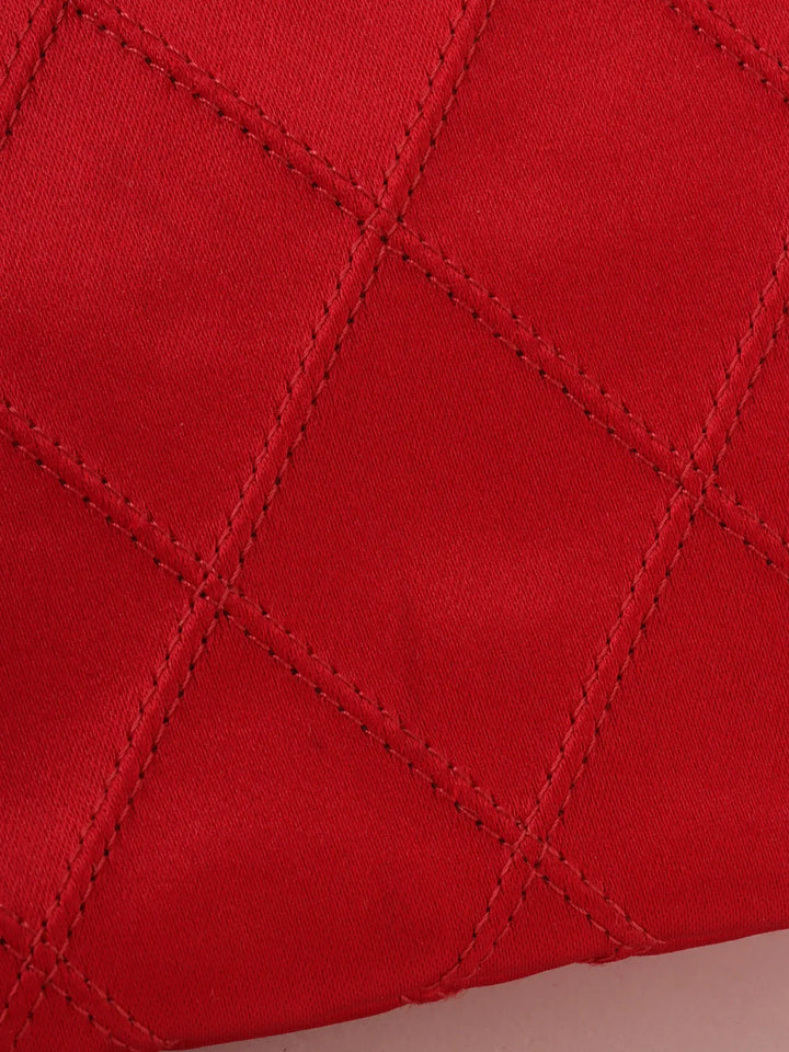 Chanel Around 1985~1990 Made Silk Satin Rhinestone Cc Mark Platetop Handle Bag Red