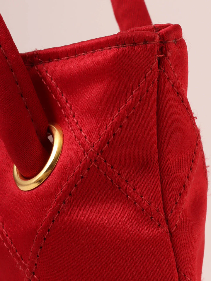 Chanel Around 1985~1990 Made Silk Satin Rhinestone Cc Mark Platetop Handle Bag Red