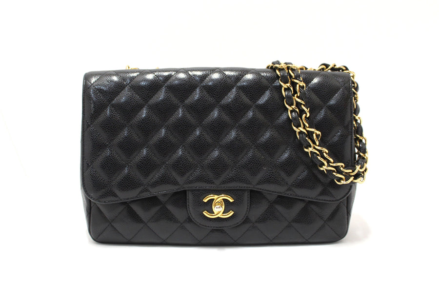 chanel black quilted caviar leather classic jumbo single flap bag | Shop Now at Italystation.com