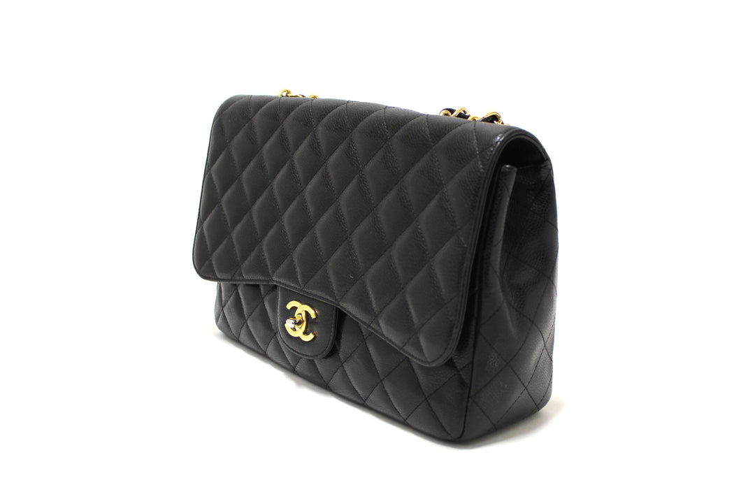 Top Quality Chanel Black Quilted Caviar Leather Classic Jumbo Single Flap Bag