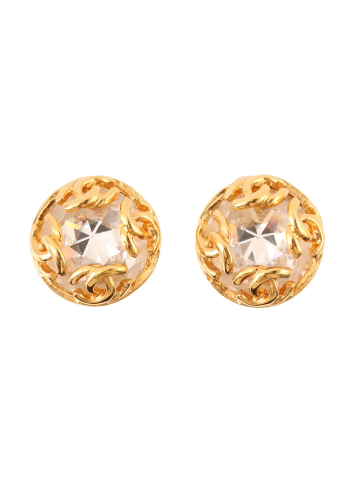 Chanel 1995 Made Rhinestone Round 4 Cc Mark Earrings Gold