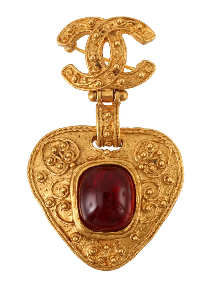 Chanel 1994 Made Gripoix Triangle Cc Mark Swing Brooch Gold/Red