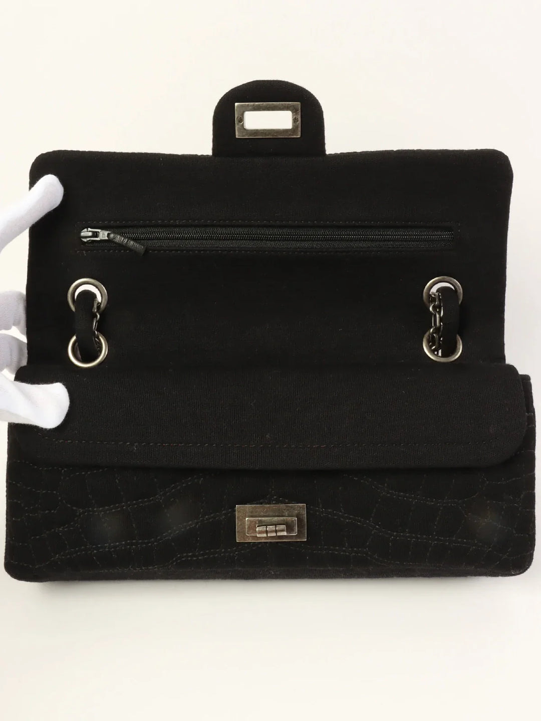 Chanel Around 2007 Nmade Cotton Crocodile Stitch 2.55 Chain Shoulder Bag Black